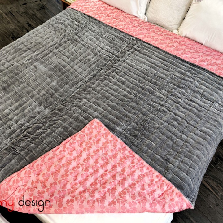 Pink silk & grey velvet quilt